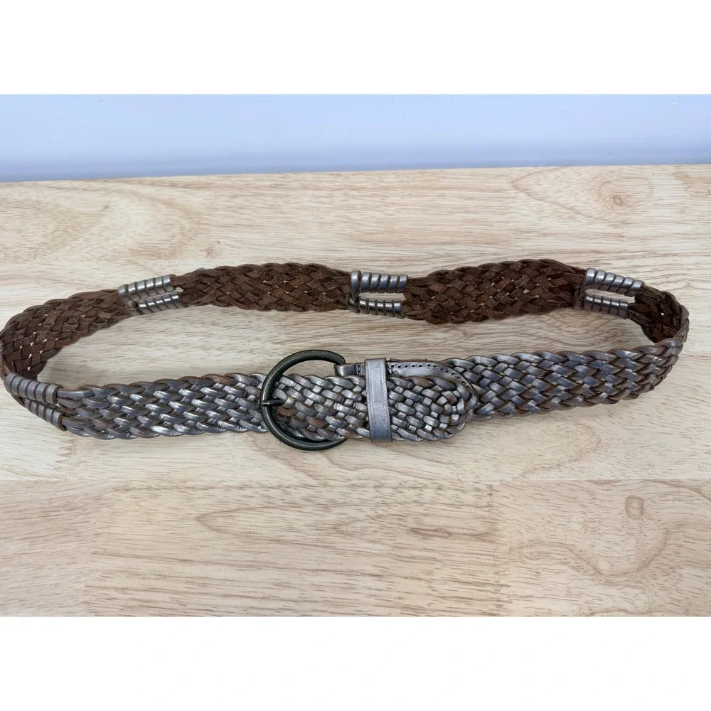 Gap Womens Metallic Silver Braided Leather Belt Brown Woven XS